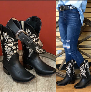 005 Woman Square toe boots with white stitch 🇲🇽💥 B-1501 Wide Boots