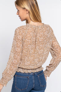LONG SLV SMOCKED PRINT WOMEN TOP