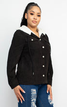Load image into Gallery viewer, Black Corduroy Hoodie Buttoned Jacket Size S/M still available