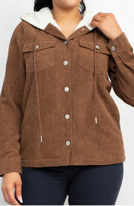 Brown Corduroy Hoddie Buttoned Jacket