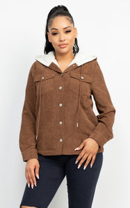 Brown Corduroy Hoddie Buttoned Jacket